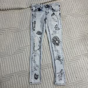 Men's Rogue Skinny Jeans 28W Acid Wash Blue Graffiti Zip Close
